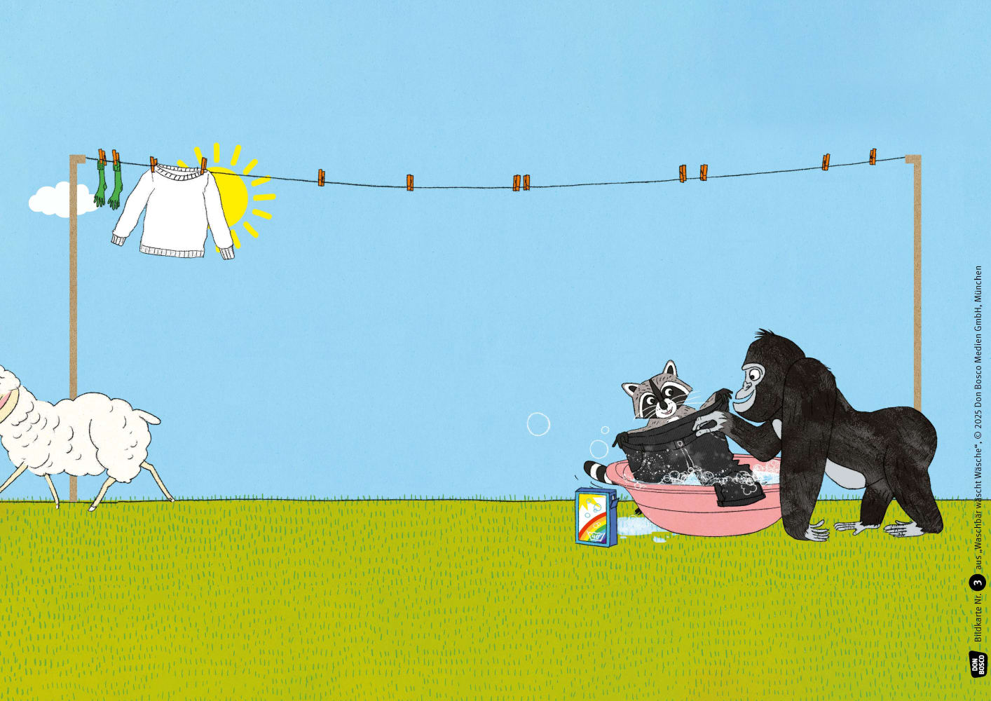 Waschbär wäscht Wäsche. Kamishibai Bildkartenset