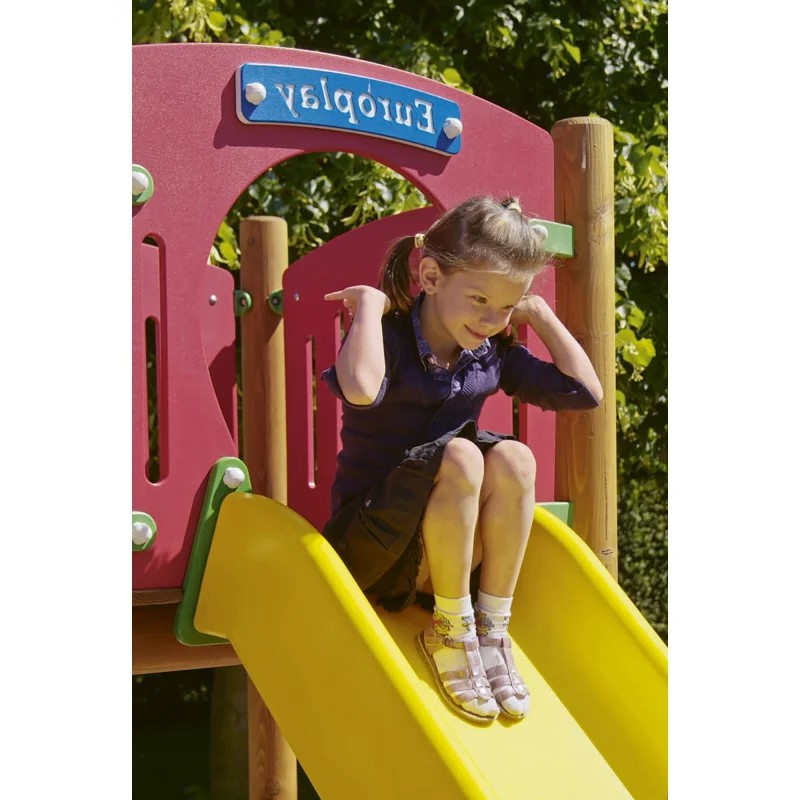 Gelbe Kundststoffrutsche + Ergänzungswand (rot) für Holzspielplatzgerärte