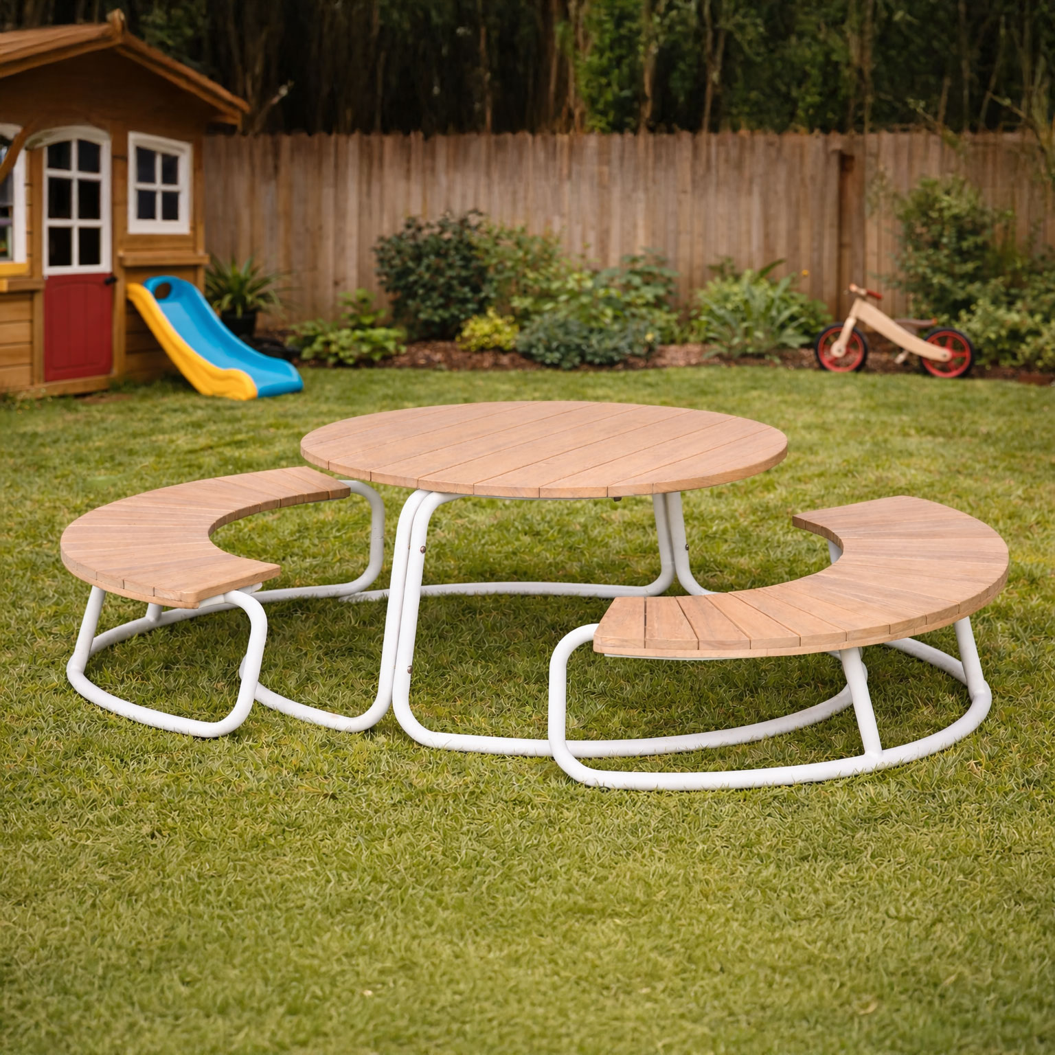 Kiga runde Sitzgruppe Alu Akazie Tisch mit 2 Bänken