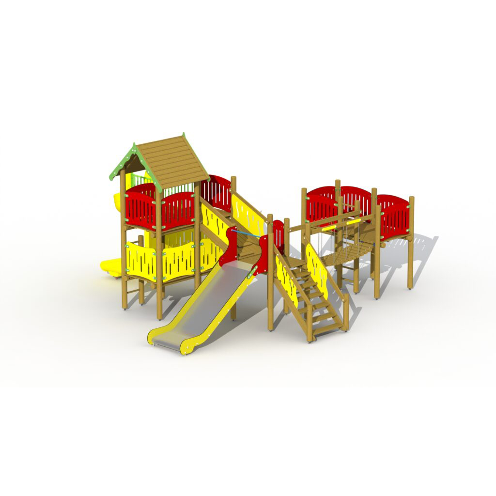 Elfenburg mit niedriger Edelstahlrutsche & Spiralrutsche