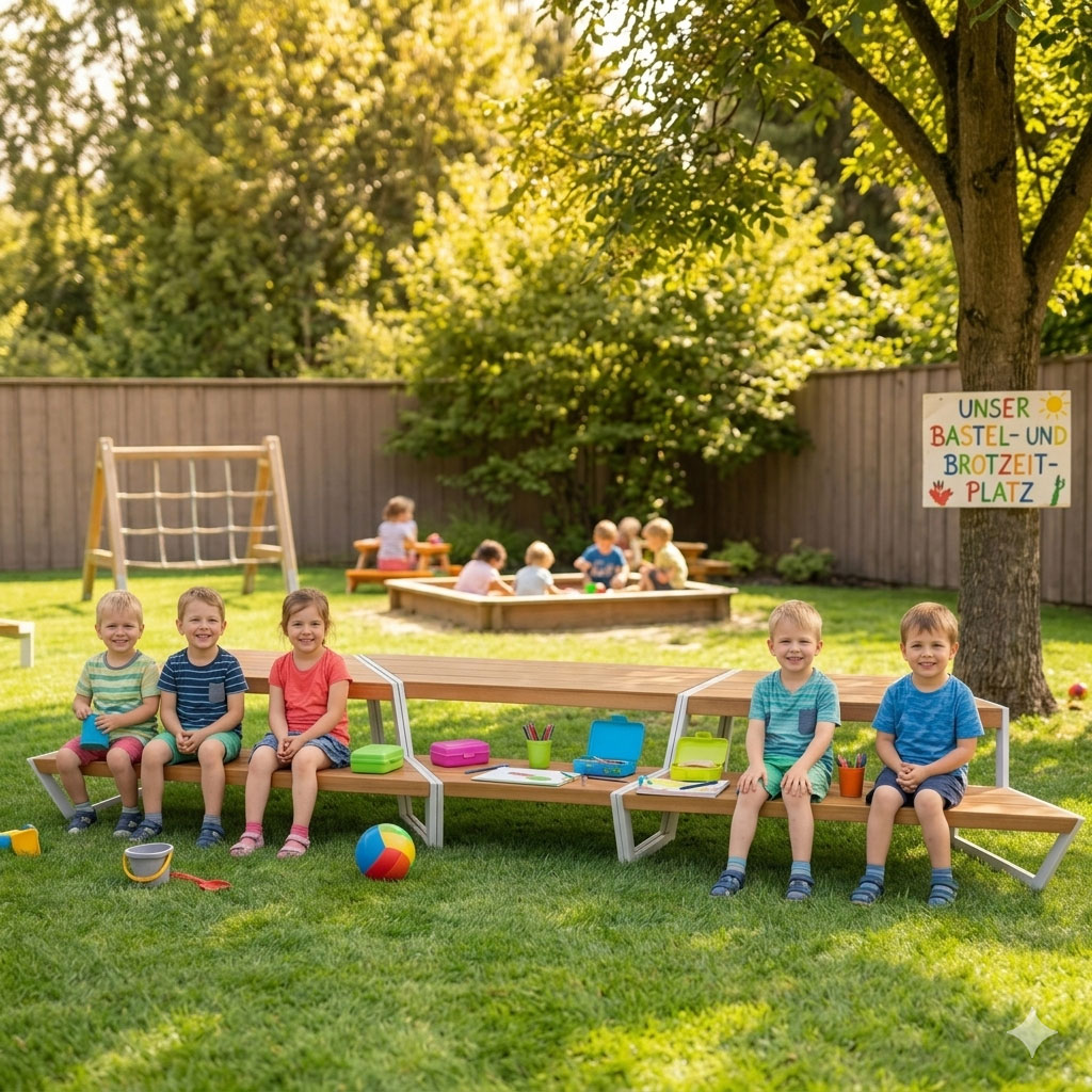 Alu Akazie Sitzgruppe Kindertreff Tisch breit mit Bank