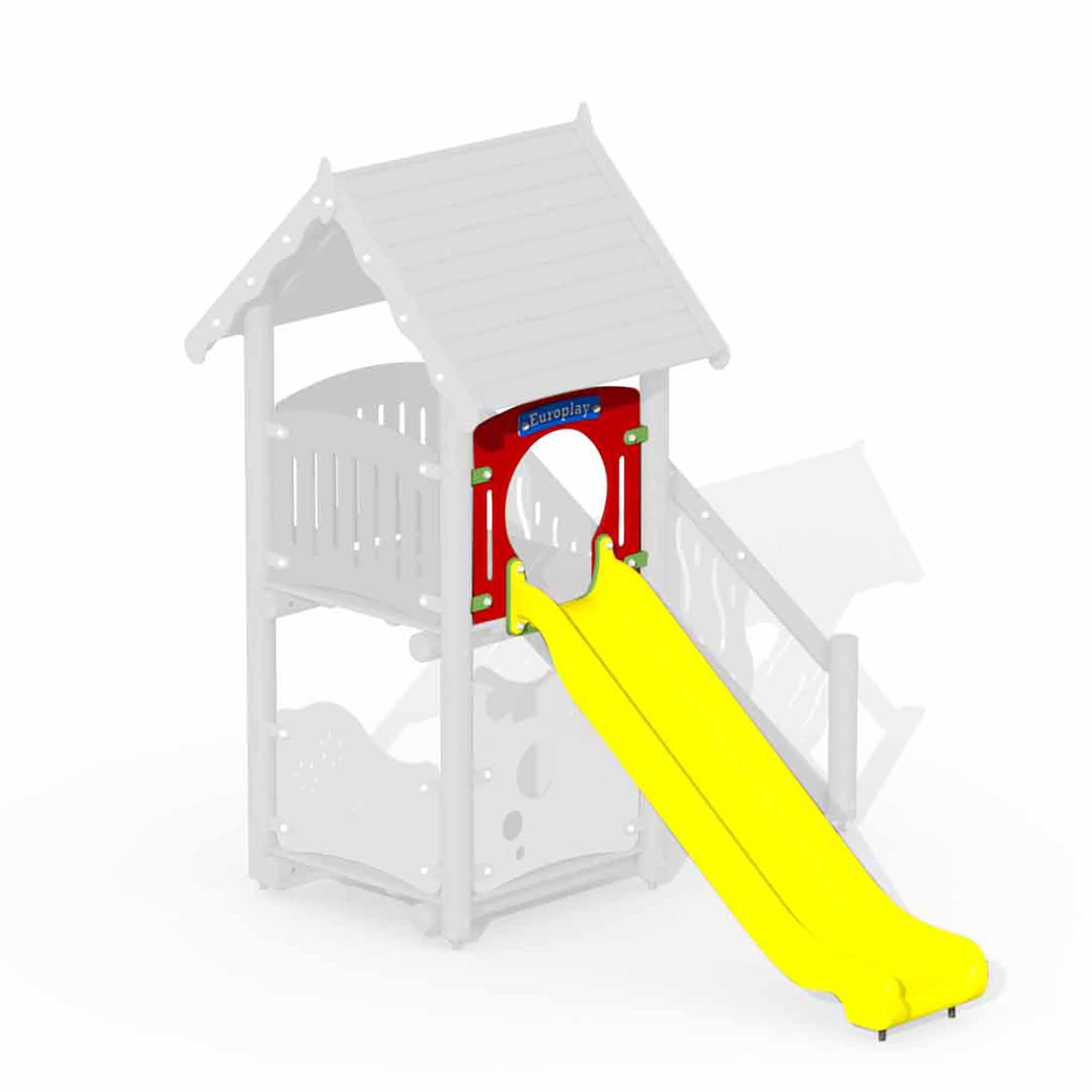 Gelbe Kundststoffrutsche + Ergänzungswand (rot) für Holzspielplatzgerärte